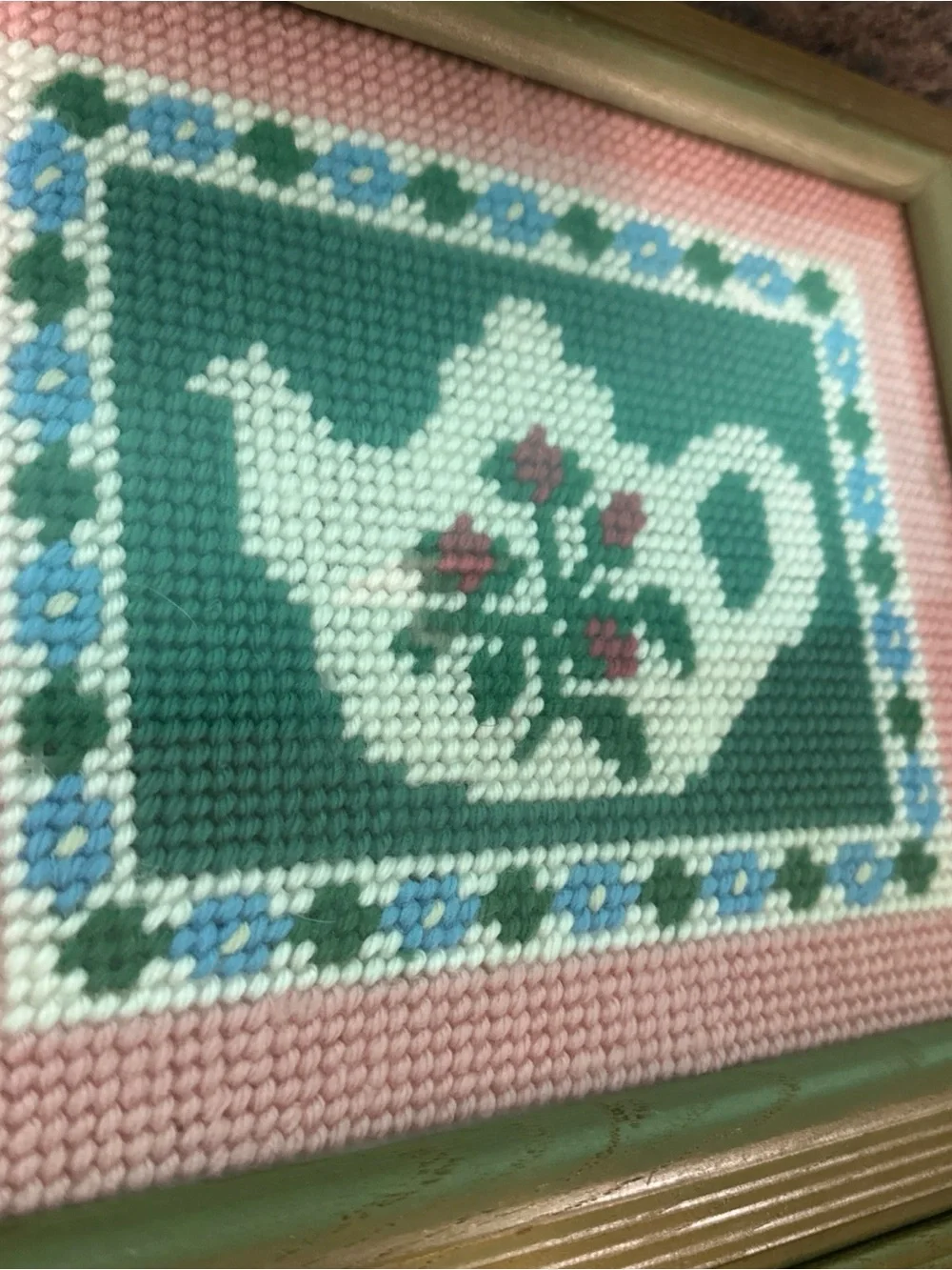 Vtg Framed Needlepoint Wall Art Set Teapot Coffeepot Pink Gold 10.25x12.25”